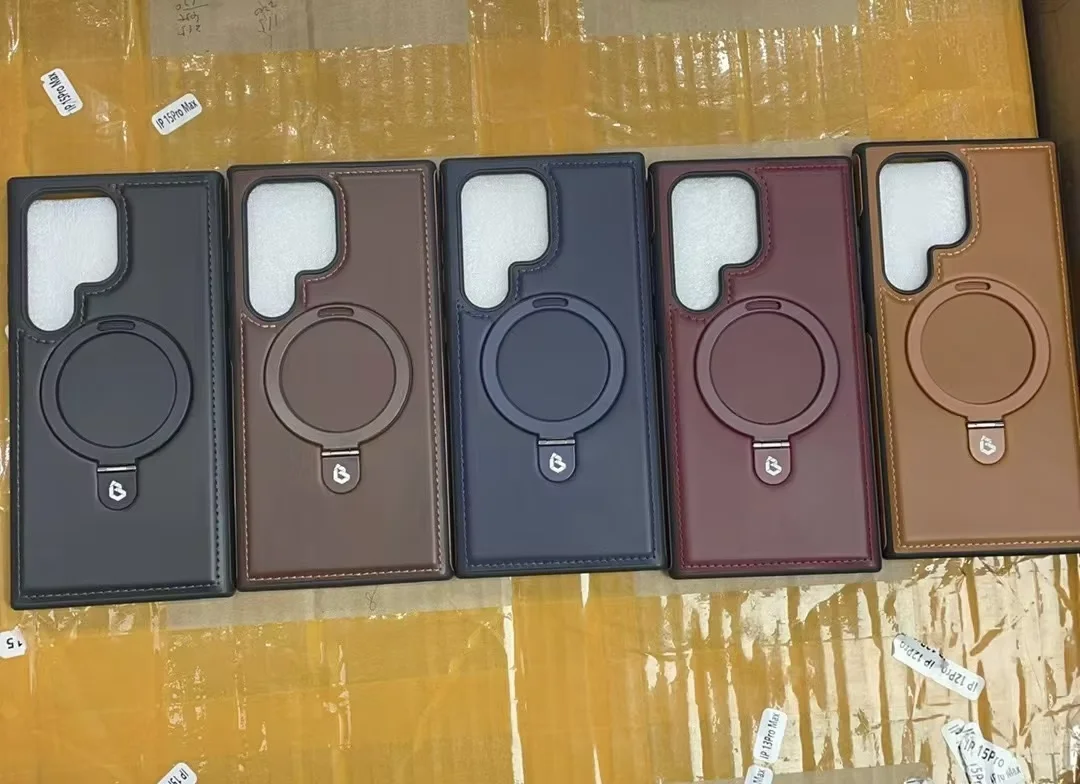 Ultra Case with Magnetic Bracket Stand Luxury PU Leather Metal Ring Holder Phone Cover for Samsung Galaxy S24 Ultra