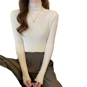 Autumn Winter Half High Collar Pullover Thickened Slim Bottom Shirt Sweater Button Sleeve Top Knitted Pullover Sweater for Women