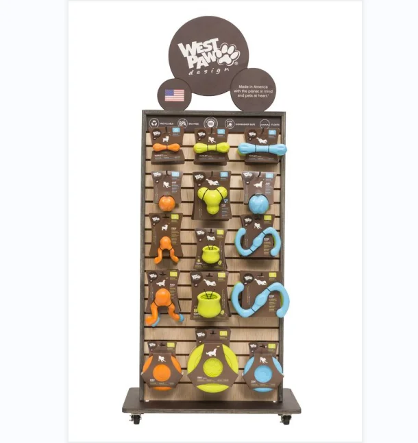 Bevis Customized Wooden Display Rack Pet Toy Treats Display Stand Pegboard With Hook  for Cat Dog Shop Store