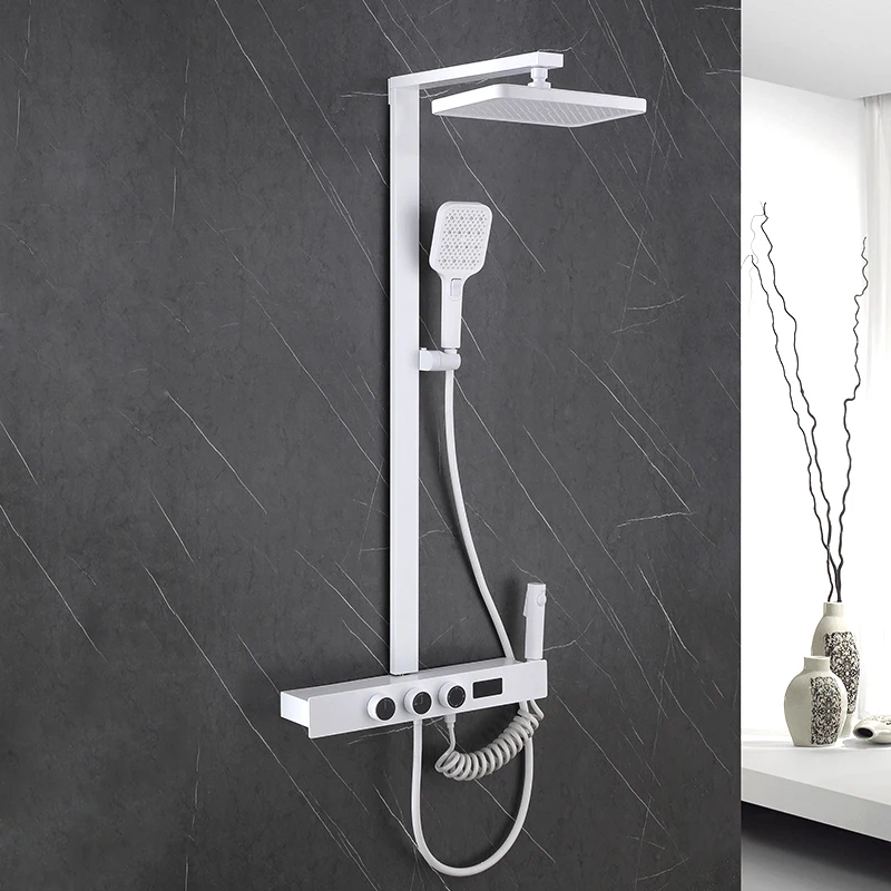 Modern Wall Mounted Rainfall Shower Mixer Set Bathroom White Thermostatic Smart Digital Shower Set