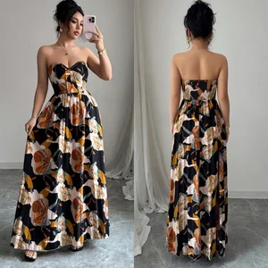 D&M OEM Casual Sleeveless One-shoulder Floral Dress with Large Swing, Tube Top Dress with Printed Loose High-elastic Long Dress