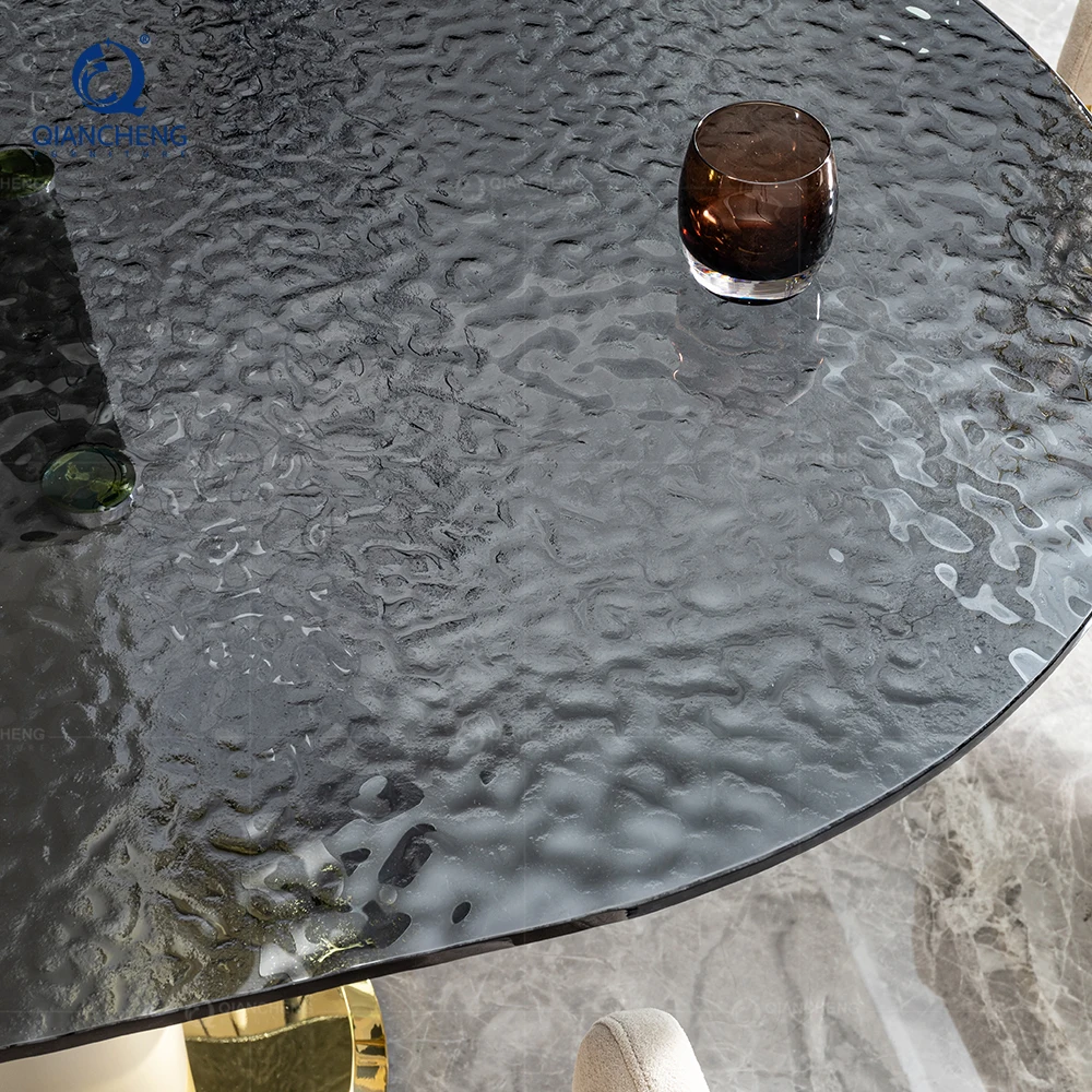 Modern Style Elegant Dining Table for Luxury Villa Furniture Complete Design Wave Stainless Steel Base Large Size Oil Dining Set