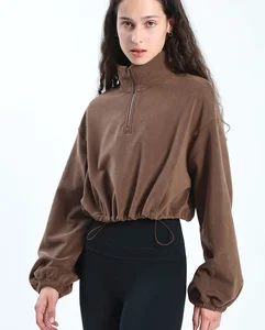 New Custom Women High Collar Long Sleeve Warm Sweater Yoga Crop Top Gym Workout Fitness Clothing Half Zipper Sport Fleece Hoodie