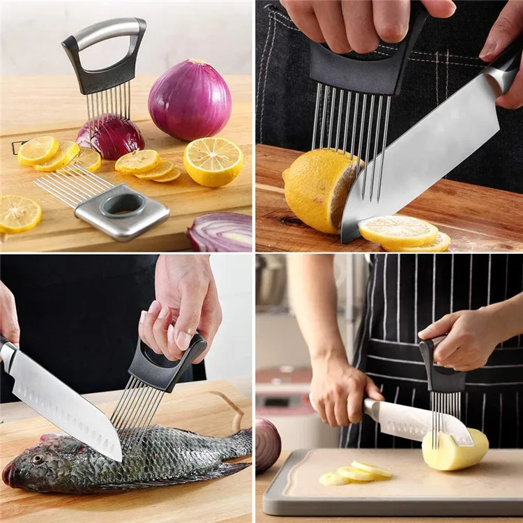 Smart Kitchen Gadgets Stainless Steel Kitchen Slicer Grip Handle Onion Cutter Fork Holder For