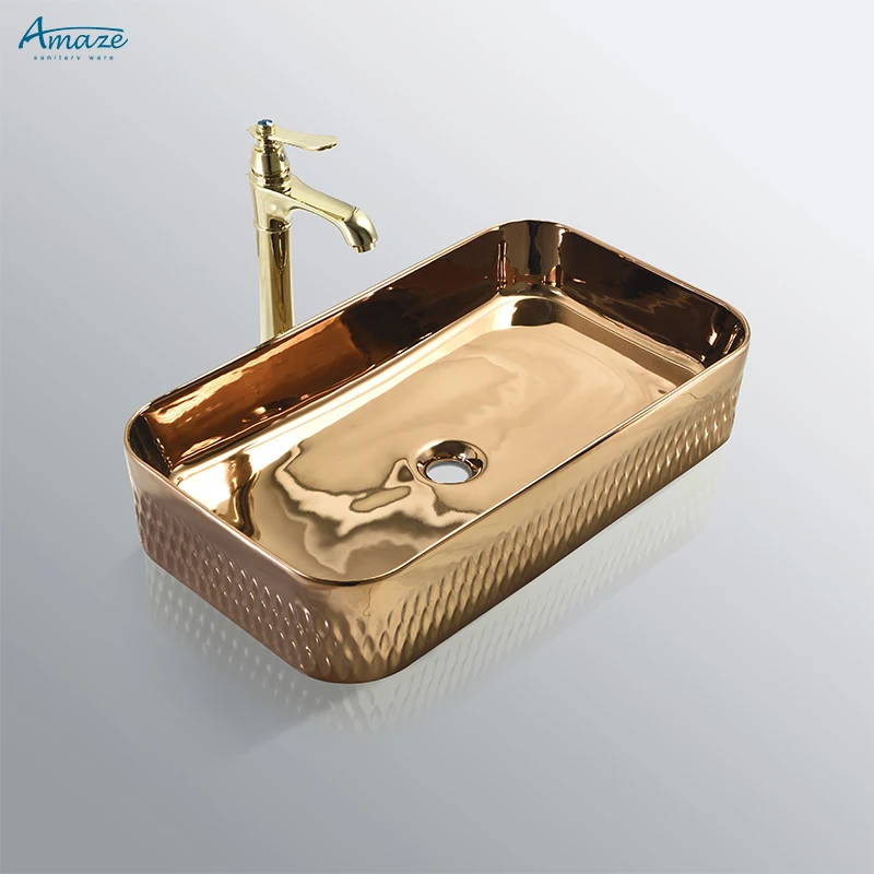 Factory hight quality colour sanitary ware easy clean gold-plated countertop wash hand basin bathroom ceramic sink for hotel supplier