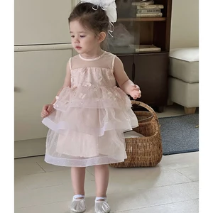 Wholesale Cute Sleeveless Summer Mesh  Little Girls Tutu Dress  ODM Supply Embroidered Flower Princess Party Girls Dress