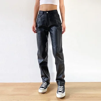 2021 Streetwear Women Black Faux Leather Pants Hot Sales Stylish High Waist Sexy Straight Leg Pants
