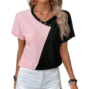 Women's Custom Designed Pink Black Color Blocking V Neck Short Wide Sleeve Tee Casual Eco-Friendly Summer Button Decoration