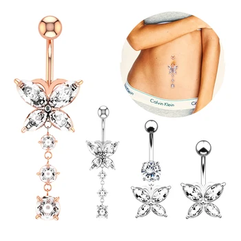 Wholesale Butterfly With Three Small Zircons Navel Rings Belly Button Bar Piercing Stainless Steel Rings Jewelry Women