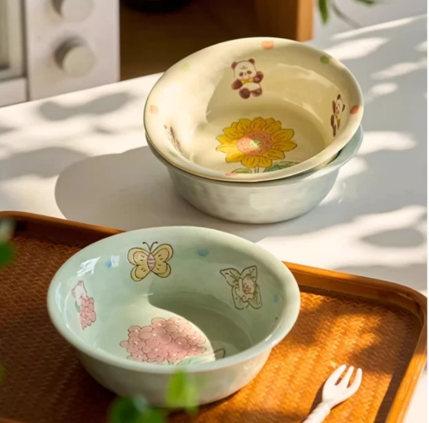 FENN New Fashion Cream Yellow Ceramic Bowl Dinnerware Set with Cute Pattern Fine Sustainable Tableware for Home and Dinner Use