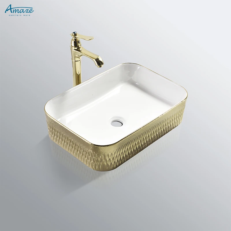 Factory hight quality colour sanitary ware easy clean gold-plated countertop wash hand basin bathroom ceramic sink for hotel details