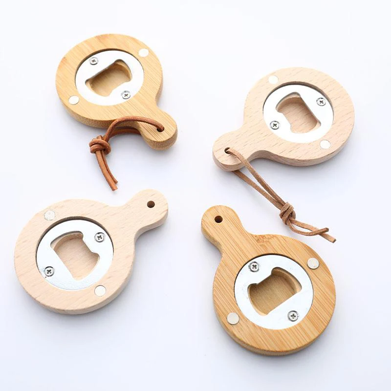 Source Custom logo nickel plating bamboo crafts round shaped bamboo beer bottle  opener with magnet on m.