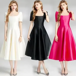 Women's Elegant Floral One-Piece Dress with Powder Puff Sleeve Square Neck and Slim Fit Natural Waist Midi Length Worsted Fabric