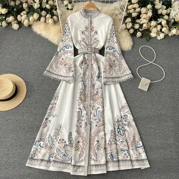 S-2XL Autumn Chinese style printed long-sleeved waist-length dress fashion single-breasted stand-up collar dress
