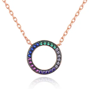 Promotion Wholesale Fashion Rose Gold Circle of Life Necklaces Colorful CZ 925 Sterling Silver Necklace