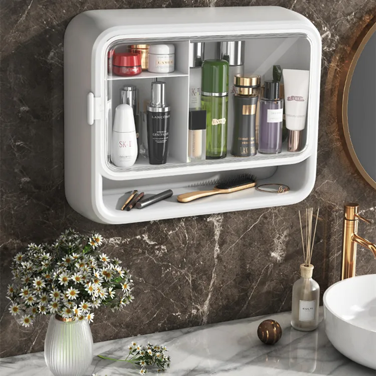 Large-Capacity Wall-Mounted Bathroom Shelf Rectangle Makeup Organizer with Injection Cosmetic Storage Box