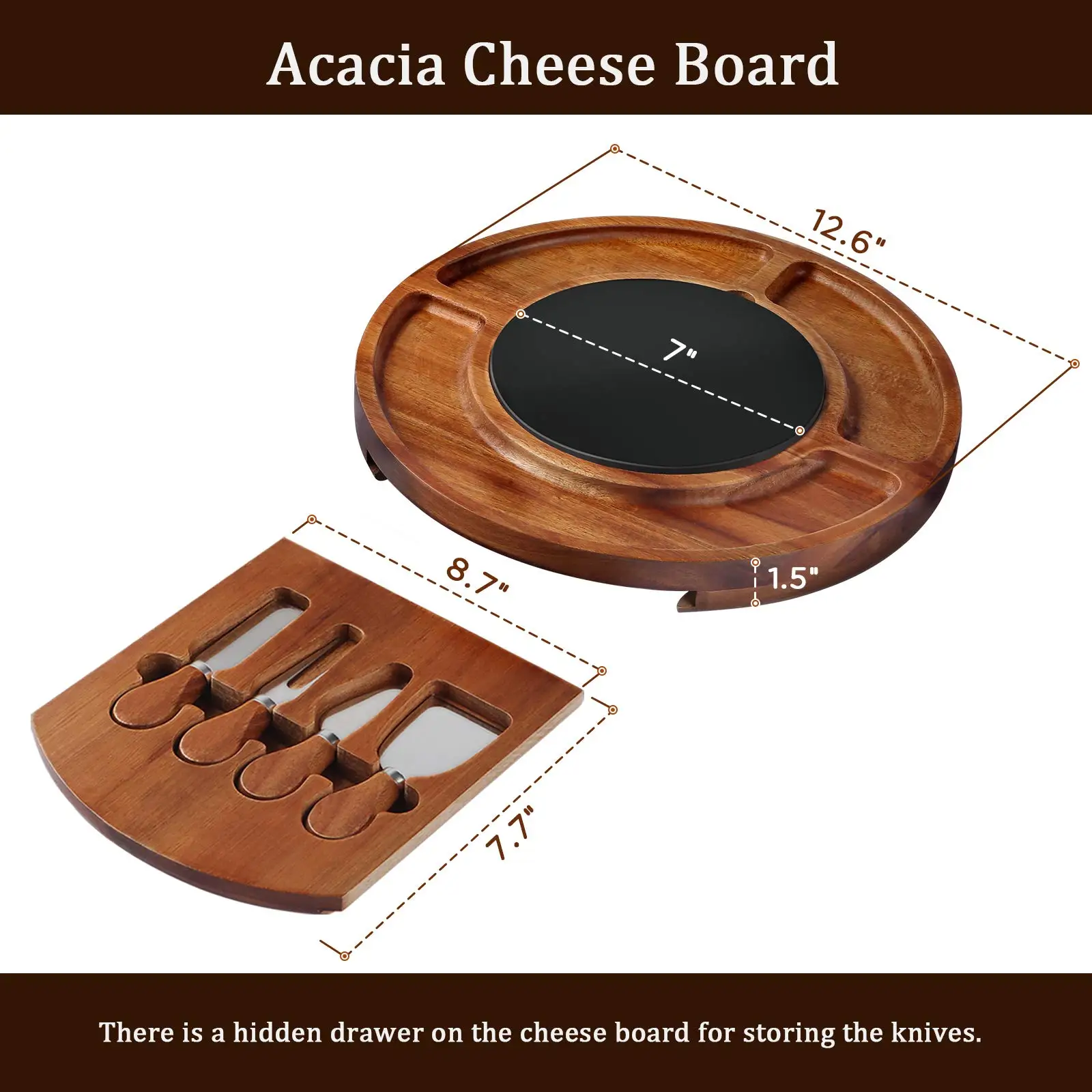 Custom Suit Round Cheese Board With Knives Acacia Wood Cheese Board