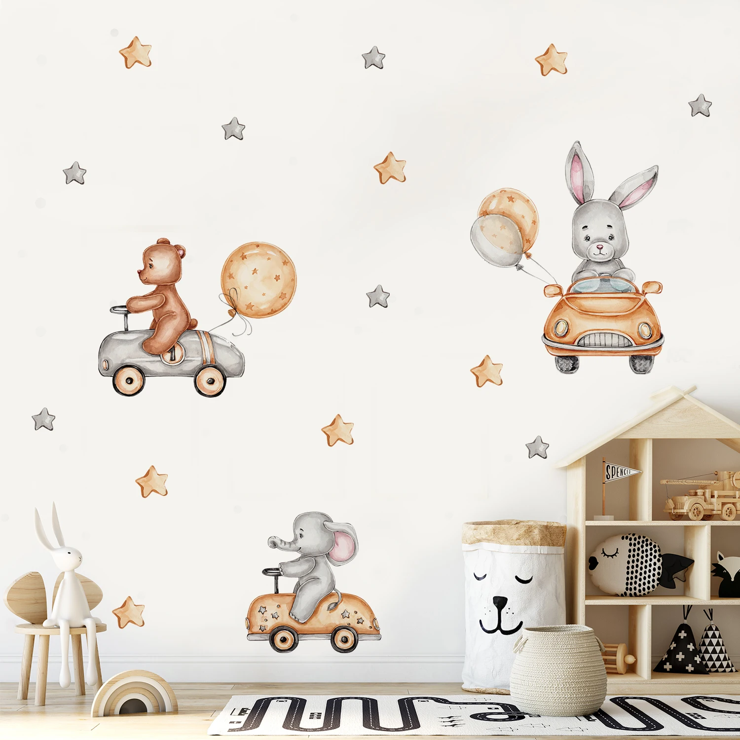 Funlife PY047 Cartoon Rabbit and Elephant Driving Decals DIY Wall Decoration for Nursery Room Wall Stickers