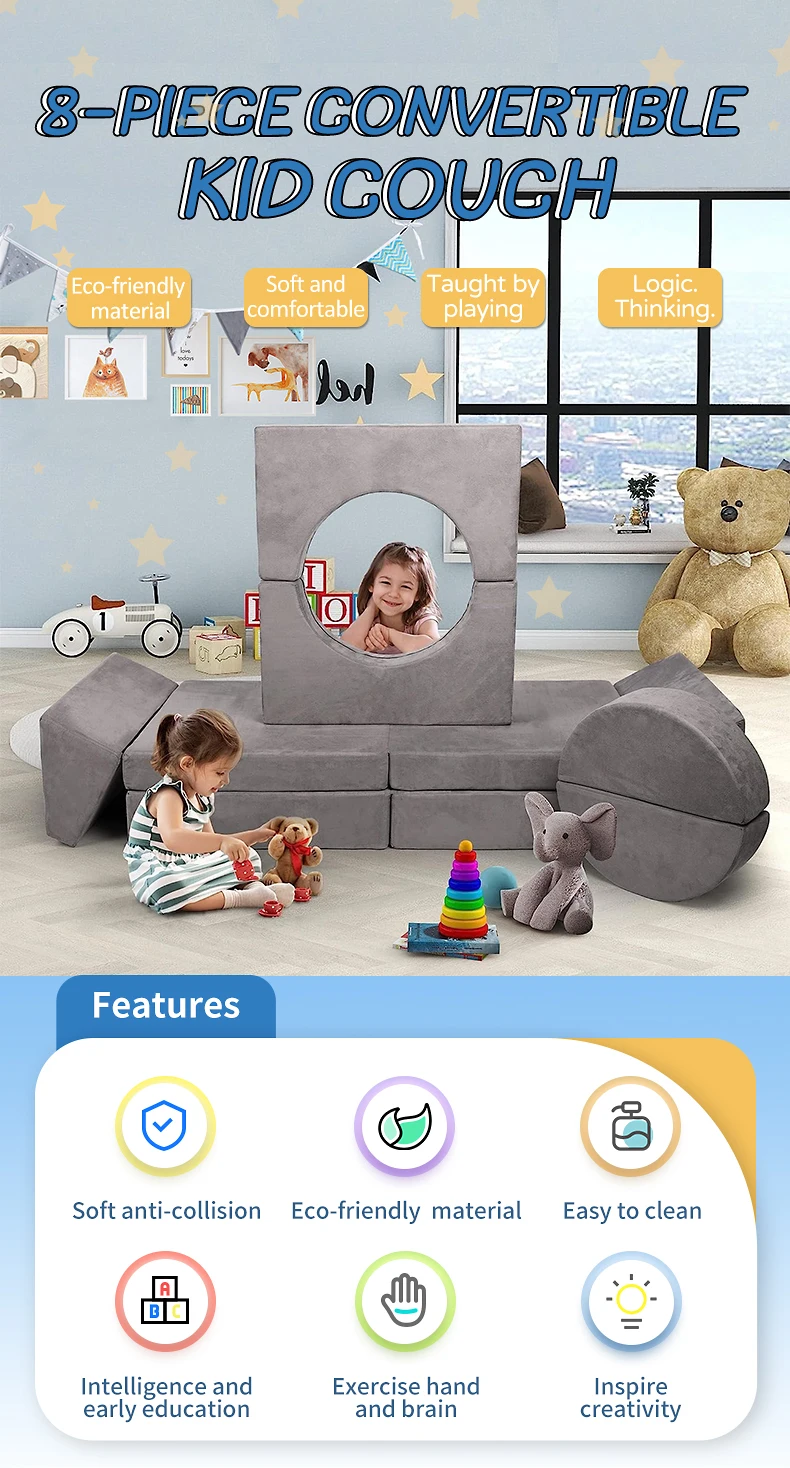 Stylish 8piece Velvet Modular Soft Foam Kids Folding Sofa Nugget Play