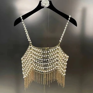 Handmade Bridal Body Chain Bikini Mermaid Bra Top with Rhinestone Crystal Titanium Metal and Pearl Bralette for Wedding