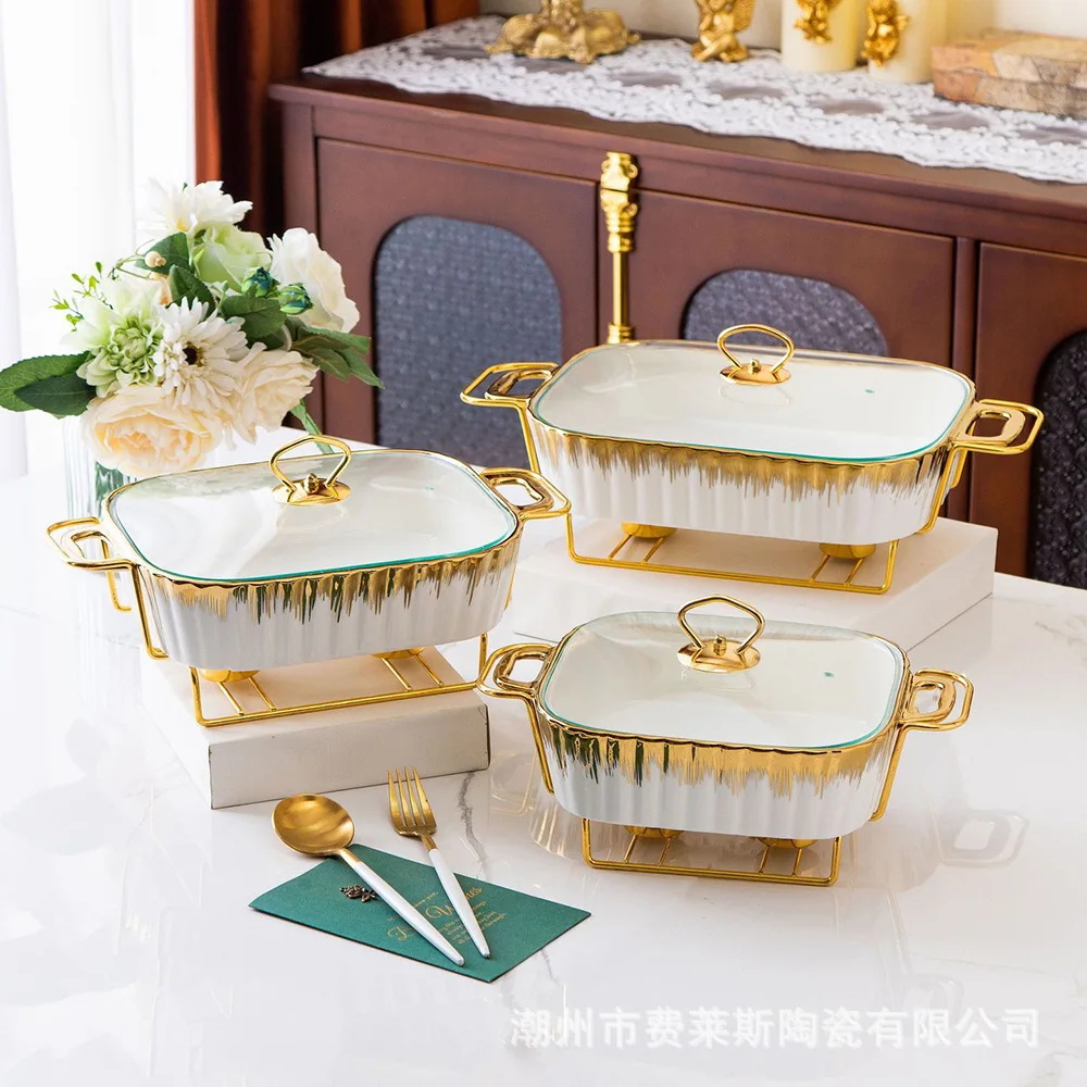 Factory Custom 11/13/15 Inch Gold Oval Shape Casserole Marble Ceramic Buffet Soup Pot With Iron Stand With Glass Lid