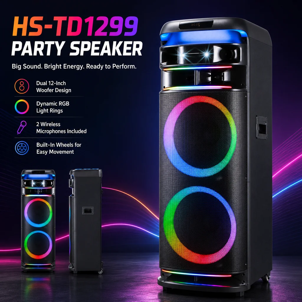IN STOCK 100-300W 12 Inch Karaoke Party Speaker with 100W Output Tweeter Two VHF Wireless Microphones and Remote Control