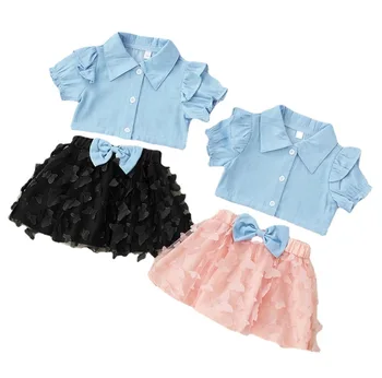 2022 New Fashion Toddler Girls Boutique 2 pcs Clothing Set Short Puff Sleeve Shirt Top Tulle Butterfly Skirt Kids Cute Outfits