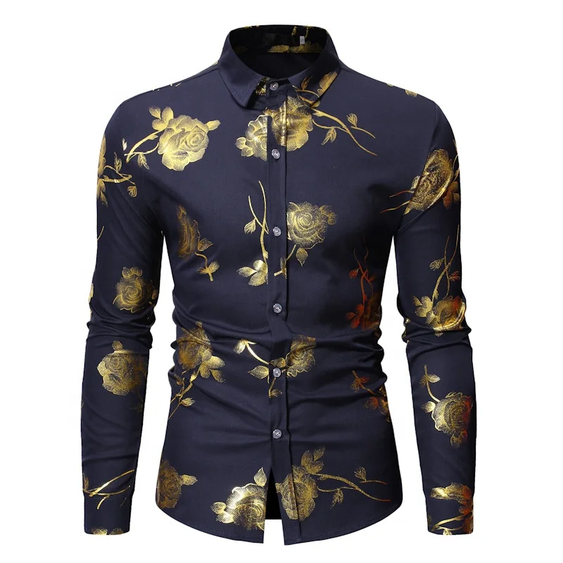 black and gold dress shirt for men Gold Foil Print Fashion Shirts for Men
