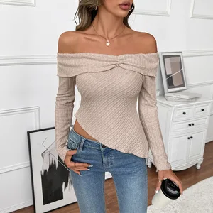 2025 Autumn New Women's Casual T-Shirt European American Cross-Border Best Seller Solid Color Long Sleeve Irregular Hem Collar