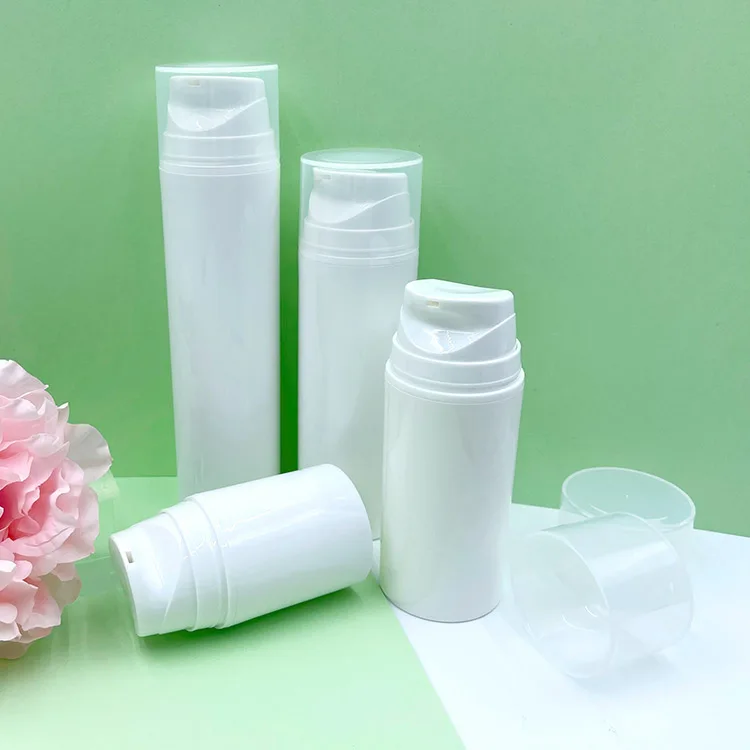 Cylindrical PP Plastic Airless Bottles With Transparent Snap on Cap 50ml 100ml 150ml 200ml