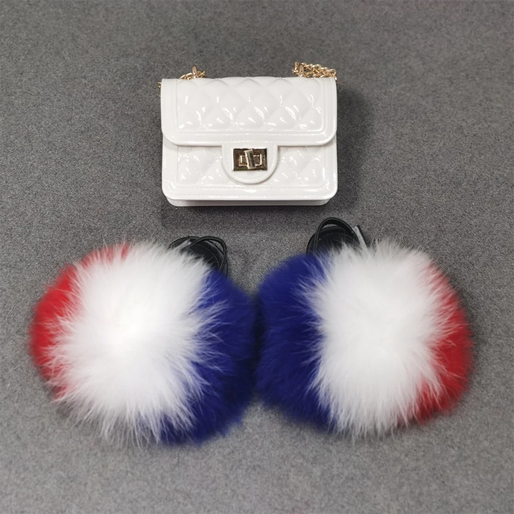 Красочные модные детские тапочки из натурального Лисьего меха, Набор сумок из желе и меха енота, кошельки, сумочки, детские меховые сланцы, оптовая продажа
