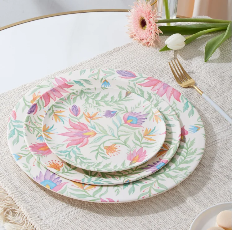 Bamboo Fiber 16pcs 24pcs Eco Dinner Plates Sets Camping Dinnerware Sets,  Flora Series Melamine Bamboo Outdoor Tableware Set