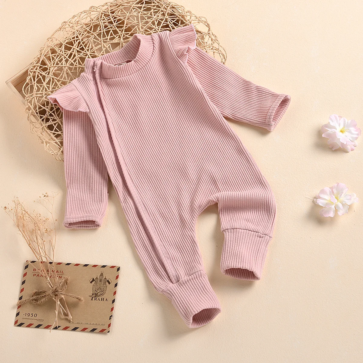 Baby Girl Rompers Newborn Ribbed Long sleeve Jumpsuit with Zipper Solid Color Bodysuit for 0-18m