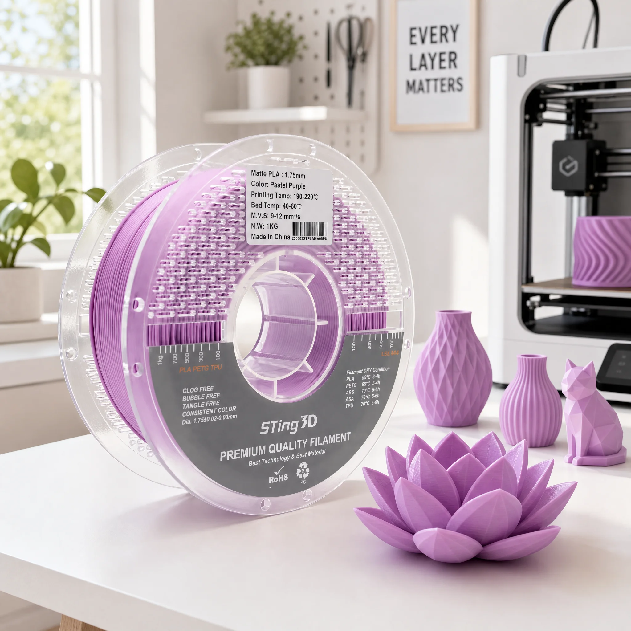 Sting3D Hot Selling  Matte/Pastel Color Pla Filament 175mm 1kg Plastic 3d Printing 175mm Pla Filament