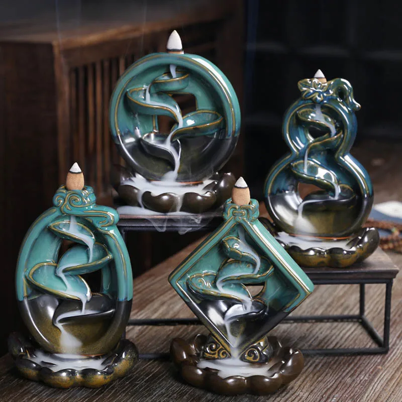 Ywbeyond New Design Backflow Incense Holder Ceramic Censer Waterfall Islamic Round Square Lotus Cones Incense Burner