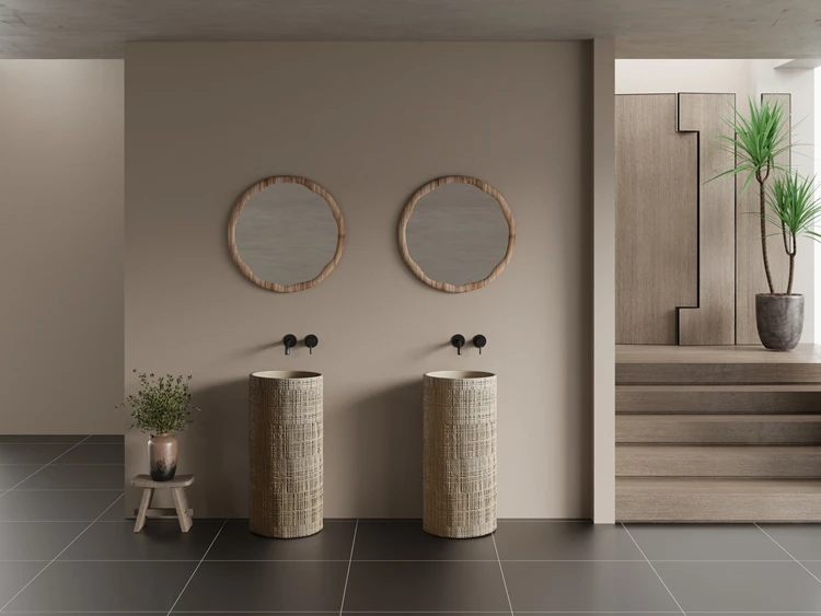Wabi Sabi Style White Wood Grain Pattern Bathroom Pedestal Sink Artificial Stone Wash Basin Free Standing Bathroom Sink