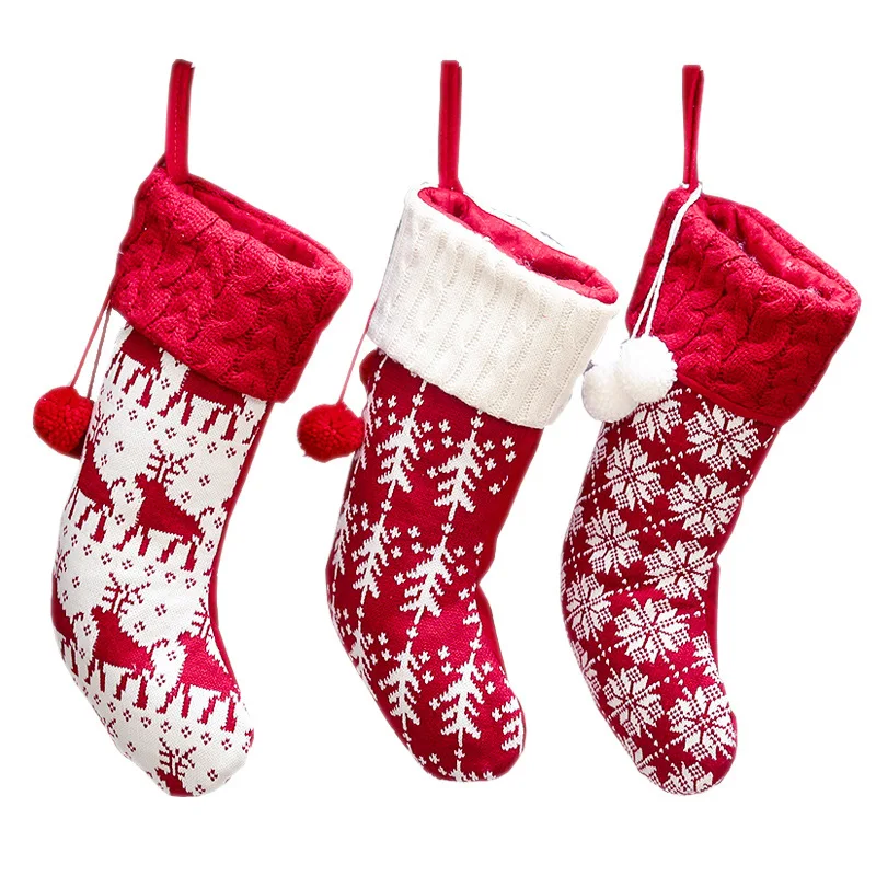 2021  New Christmas Warm And Fashionable Wool Socks Red And White Bag Children Gift Bag Decorations Knitted Christmas Socks