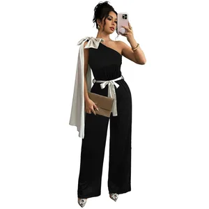 Party women's wear contrasting color one-piece trousers with bow decoration color Ding sleeveless black one-piece trousers