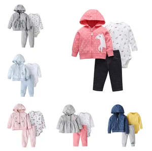Spring Autumn 2020 Long Sleeve Long Sleeved Hooded Coat Romper Trousers Three Pieces Set Baby Boys Clothing Sets for Wholesale