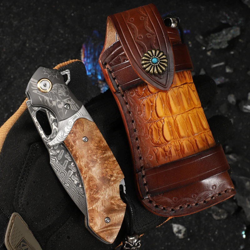 Flying Eagle-Navigator High Quality Damascus Folding Pocket Knife Sheath D2 Steel Blade Wood Handle Outdoor Use OEM
