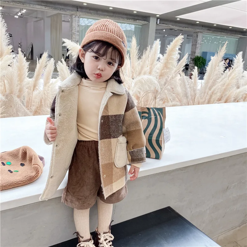 Клетчатая зимняя детская одежда на осень, пальто с длинным рукавом для девочек, куртка, Детская плюшевая теплая куртка для девочек