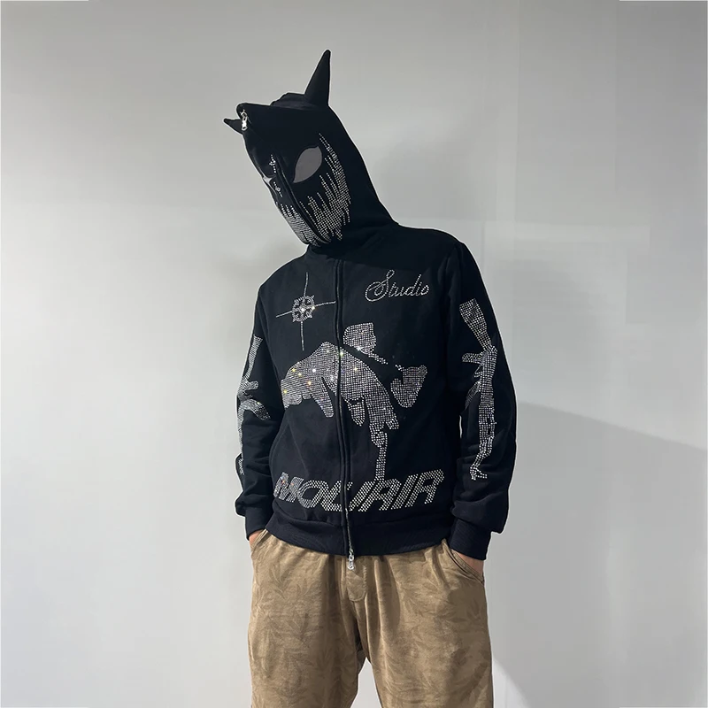 Custom Design Rhinestone Full Face Zip Hoodie For Men Heavy Weight Full