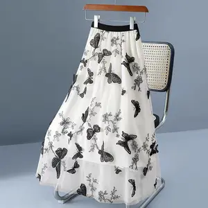 Women's Retro High-Waisted Mesh Skirt Fashionable Mid-Length Lure Skirt Embroidered Butterfly Pattern Ruffle for Summer