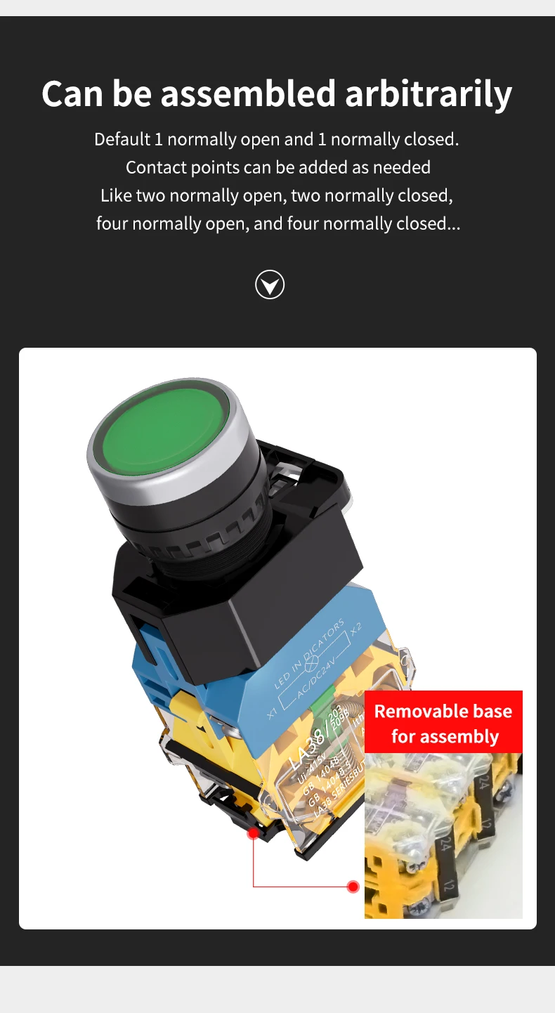 LA38-11D Self-Locking Self-Resetting 22MM Brass Mechanical Momentary Button Switch 10A Max. Current 1NO1NC Screw Terminal