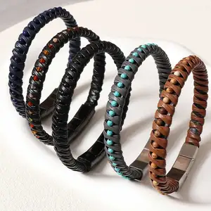 French and American Fashion Exaggerated Style Pentagram Men's PU Leather Multi-layer Magnetic Buckle Wide Wristband Bracelet