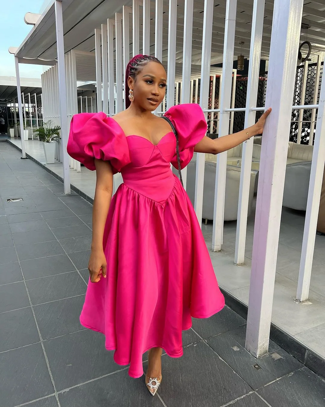Shop Our HK7124 Dress - Elegant a-Line Midi with Puff Sleeves
