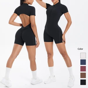 Women's Fitness Yoga Jumpsuit Hollow Back Short Sleeve Zip with Built-In Chest Pad Peach Shaped Butt Design Sports Bodysuit