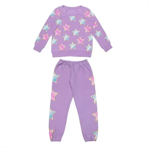 Customized Kid Full Stars Printing Sweatshirt Sweatpants Casual Clothing Set for 2-14T Girls