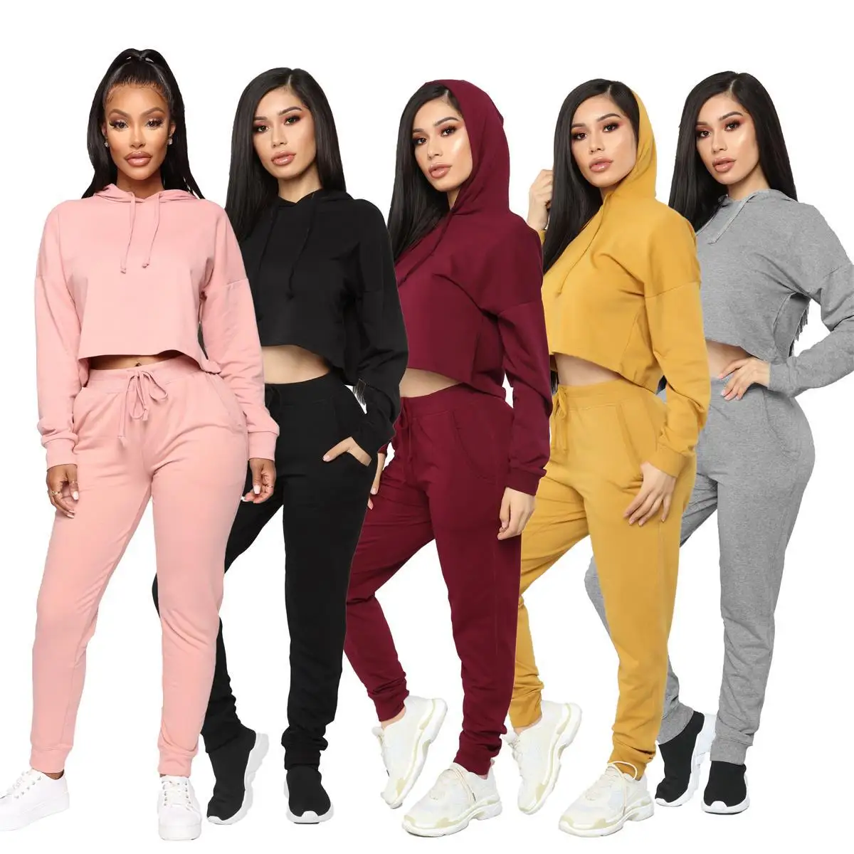 high quality fashion pullover cropped hoodie set solid color womens sweatshirt set