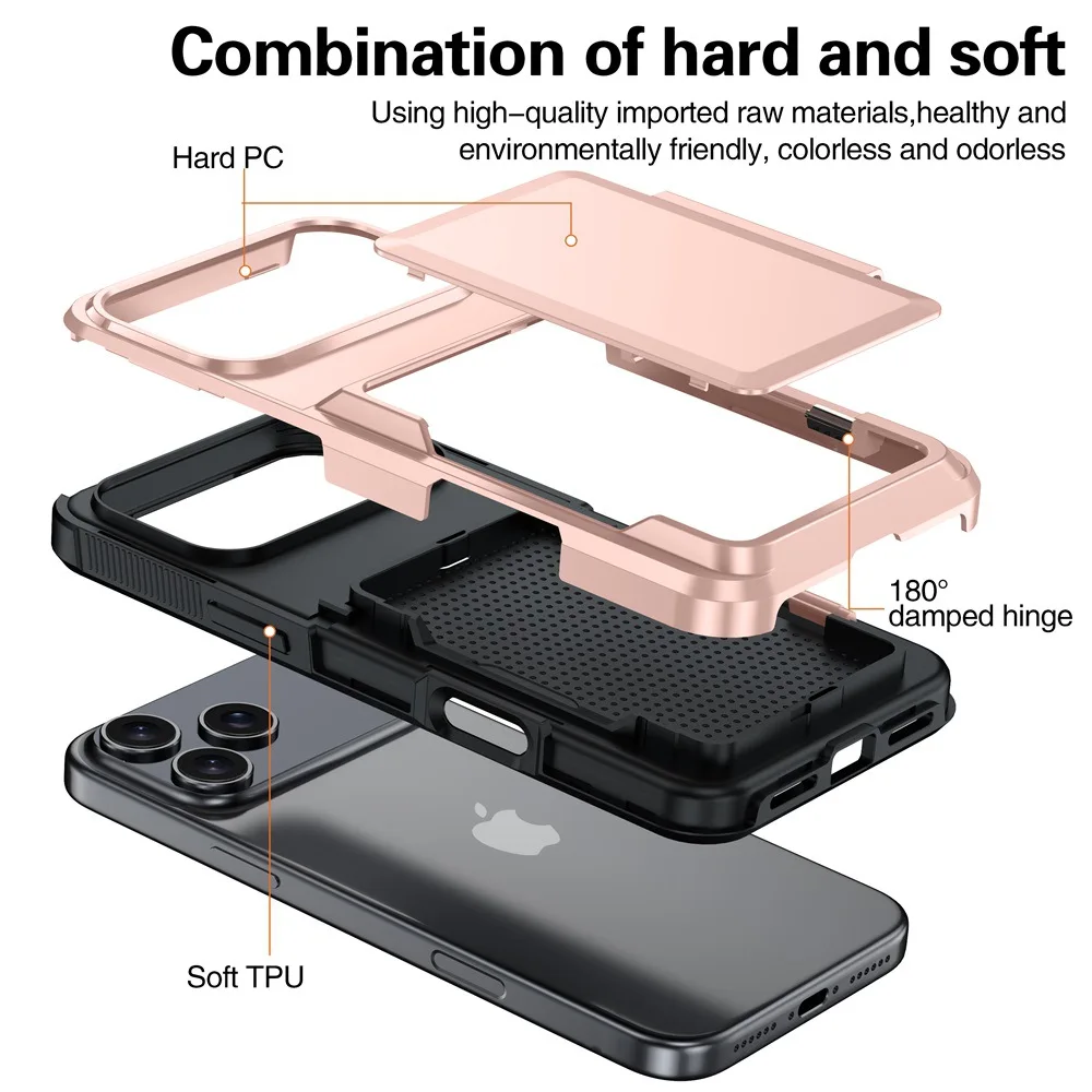 For iPhone 17 Pro Max Wallet Case Slide Card Slot Stand Phone Cover  Shockproof PC TPU 2 in 1 Armor Cases for iPhone 14 15 16 17